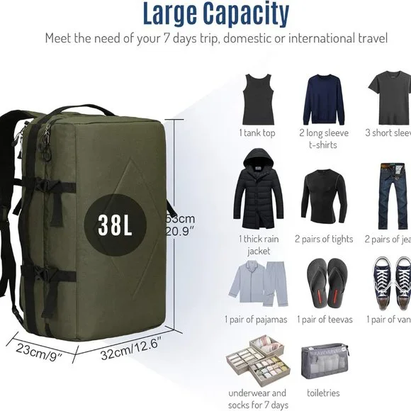 38L Travel Max Duffel Bag 20" Carry On Backpack-Duffel Hybrid Bag (Army … - Picture 2 of 8